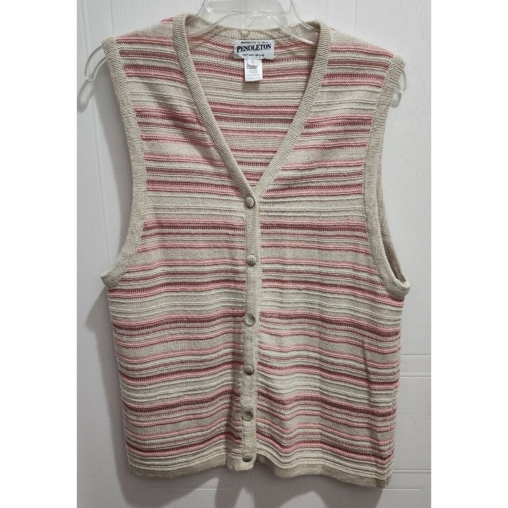 Pendleton Womens Sleeveless Cardigan Sweater Linen Blend Pink/Beige Striped Sz L